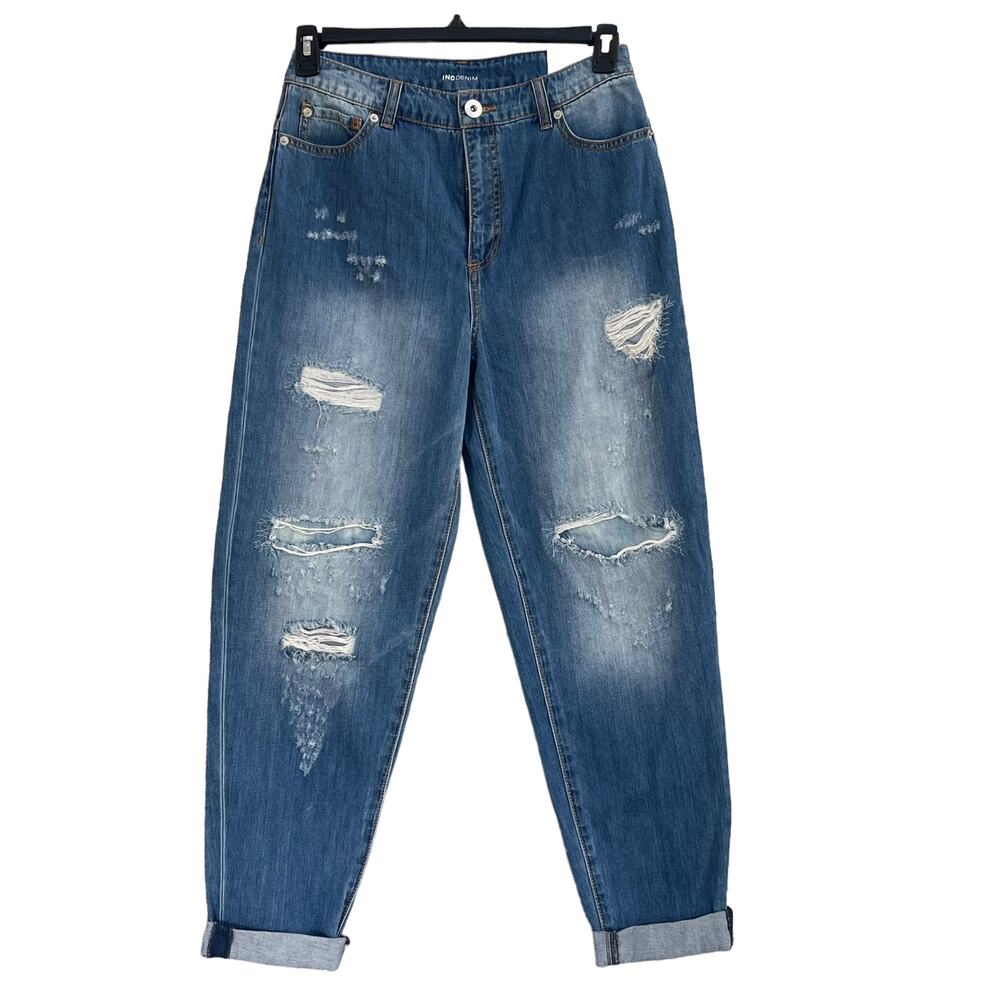 INC SZ 8/29 Cuffed Jeans Distressed Patches High-Rise Pockets Medium Wash Blue